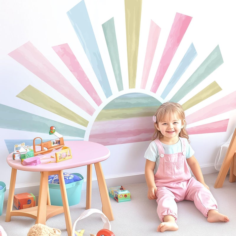 Kingarch Large Boho Half Sun Wall Decals, Sunshine Peel and Stick Fabric Nursery Wall Decor, Removable Home Room Decor Murals Stickers for Kids Girls Toddler Bedroom Living Room Playroom - Image 1